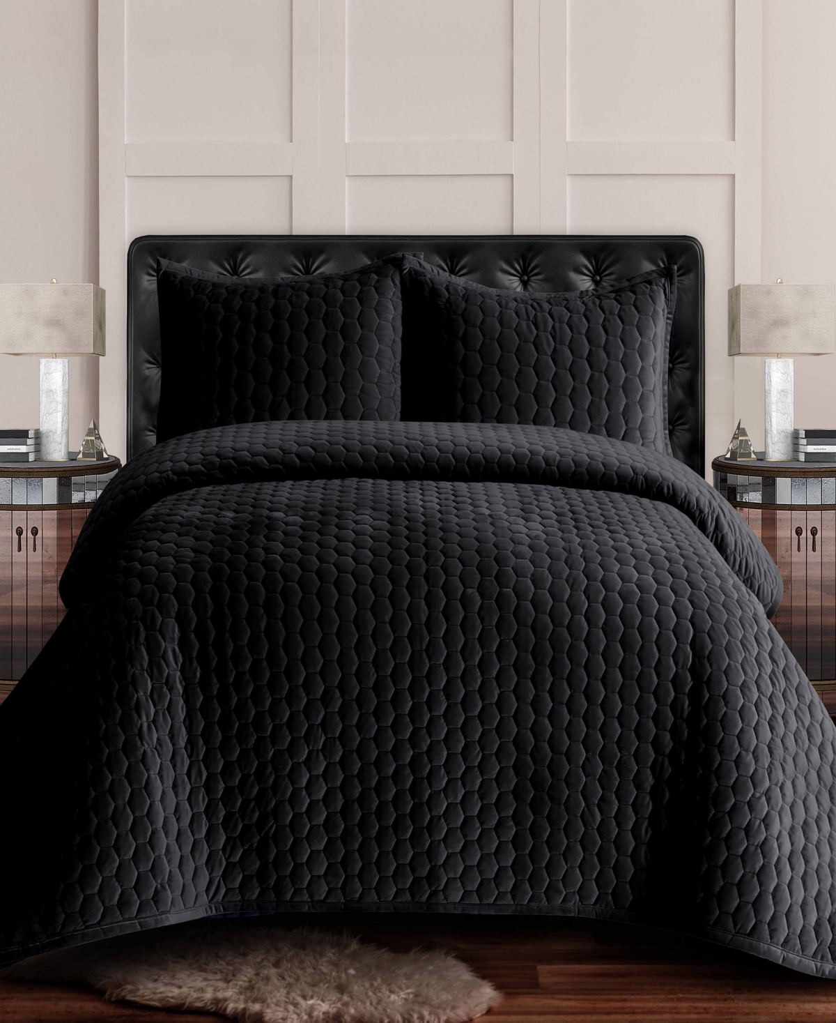Tribeca Living Lugano Honeycomb Velvet Oversized Solid piece Quilt Set