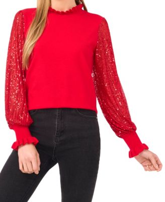 Women's Ruffle Trim Sequin Long Sleeves Sweater