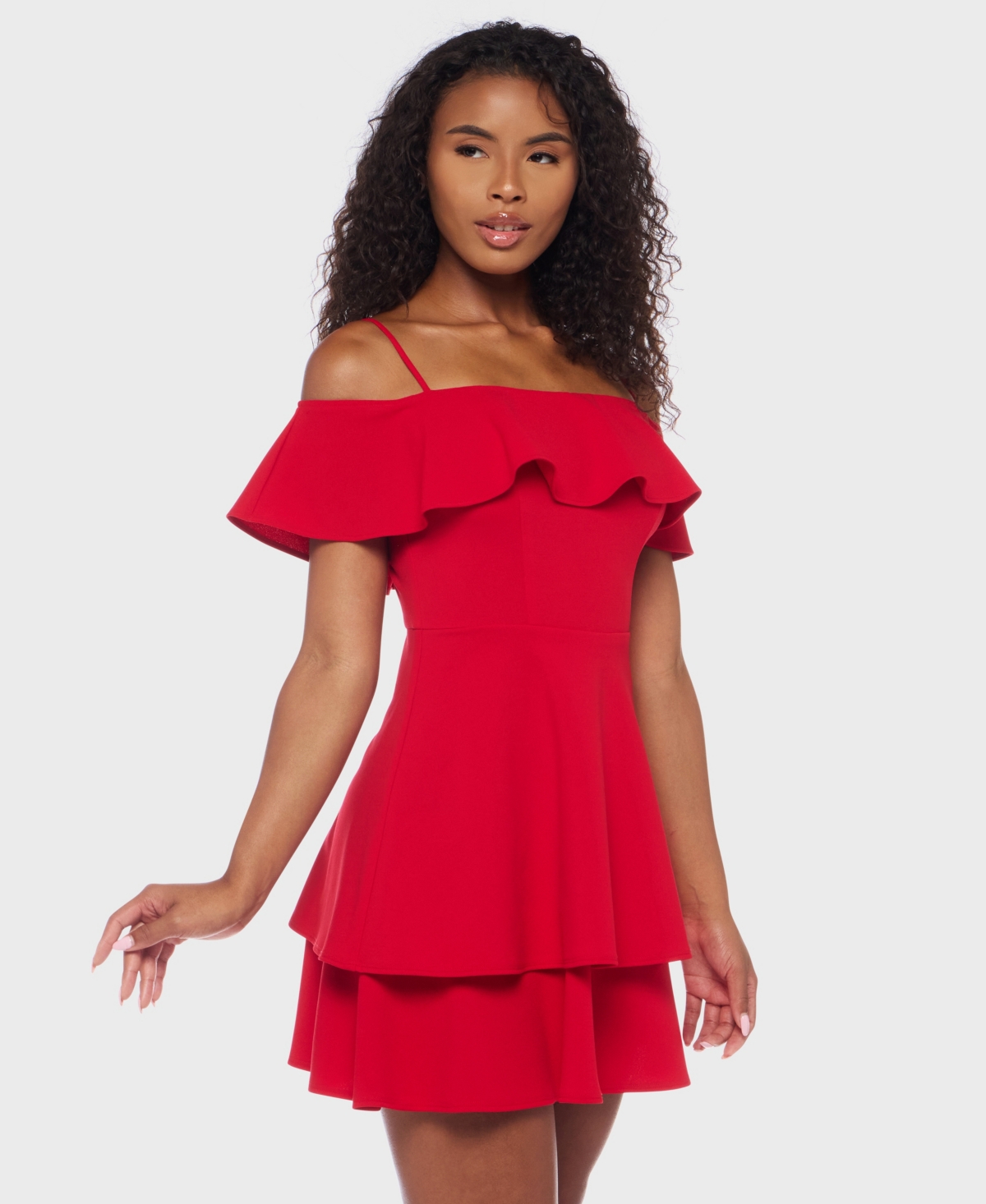 B Darlin Juniors' Ruffled Off-the-shoulder Dress In Red