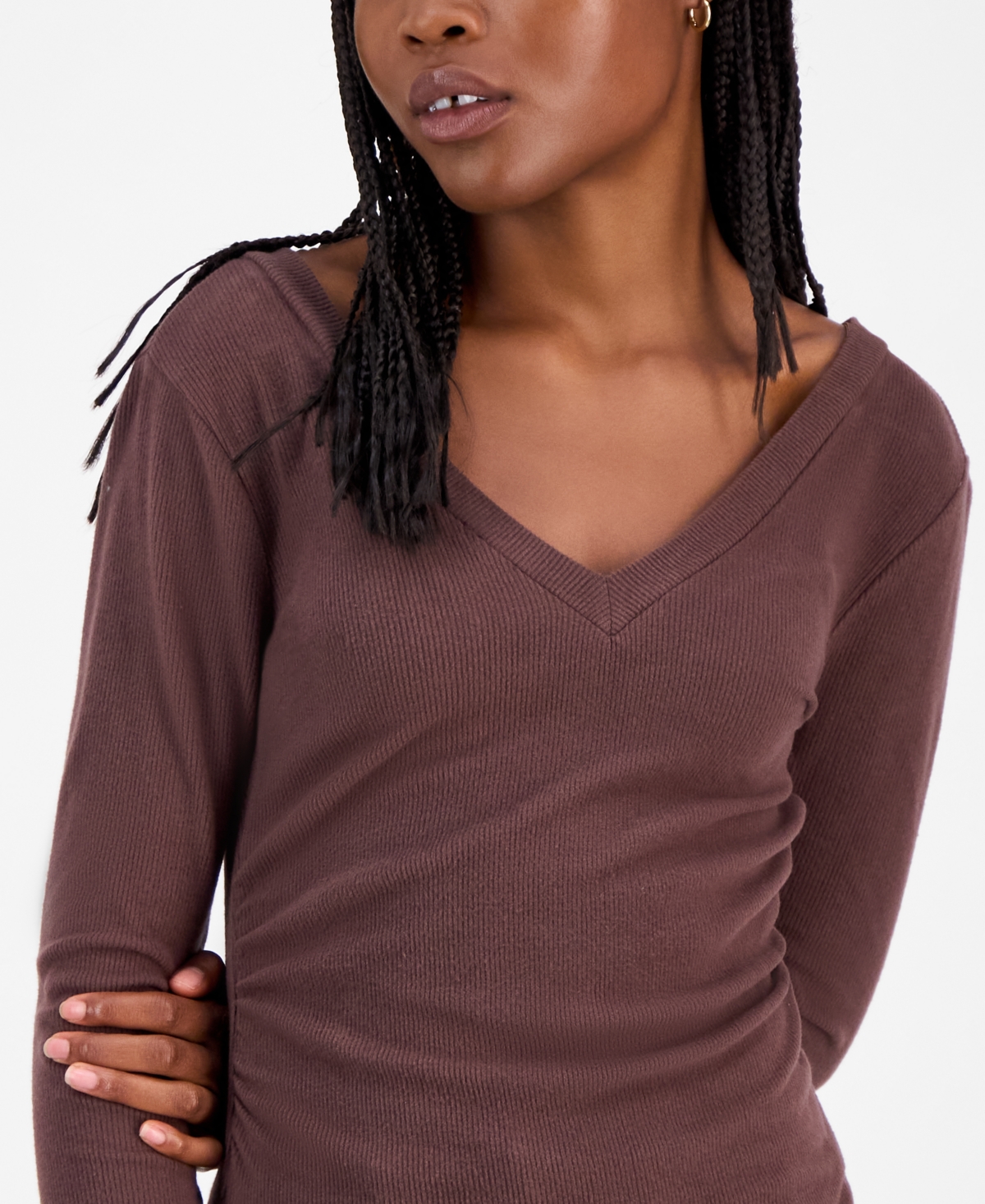 Madden Girl Juniors' Double V-Neck Ruched Long-Sleeve Tee