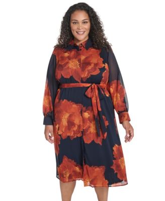 Plus Size Long-Sleeve Printed Midi Dress