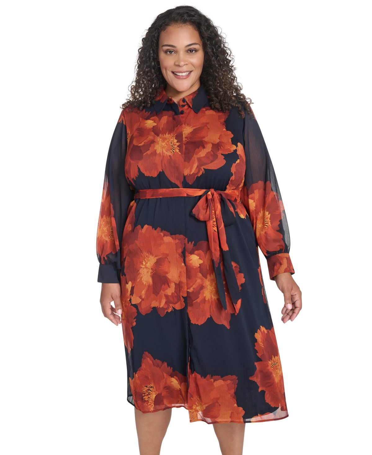 Calvin Klein Plus Size Long-sleeve Printed Midi Dress In Multi
