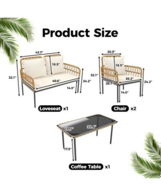4 Pieces Patio Furniture Sets Wicker Outdoor Patio Table and Chairs Set with Glass Side Table, Loveseat Chairs, Boho Rattan Conversation Sets for Bistro, Apartment, Backyard, Porch, Beige