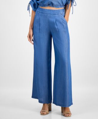 Petite High Rise Wide-Leg Chambray Pants, Macy's Exclusive 