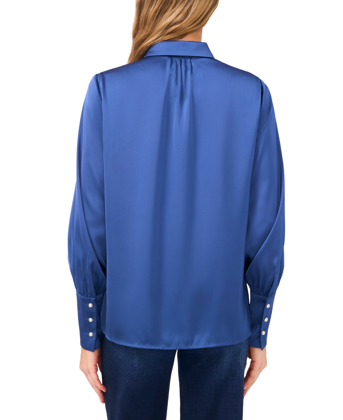 Cece Women's Luxe Satin Imitation Pearl Button Down Blouse In Blue