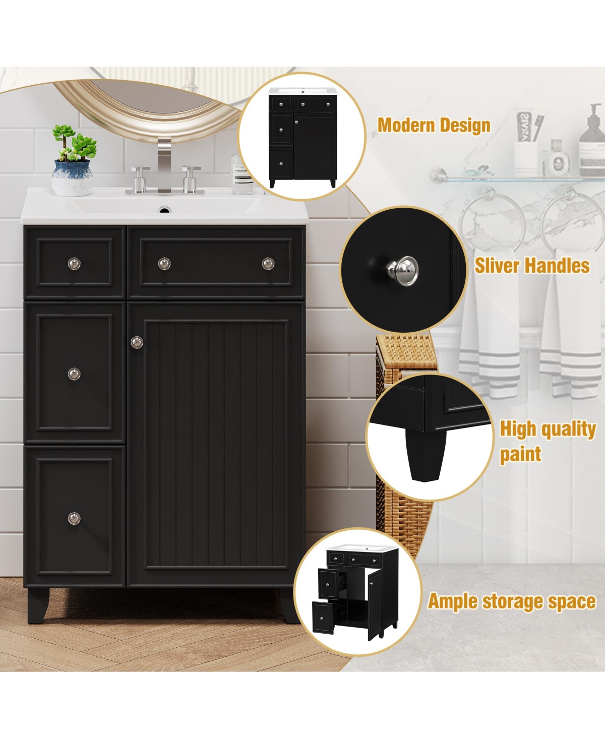 Casainc 24" Bathroom Vanity Cabinet with Ceramic Sink, 2 Drawers and 1 Storage Door