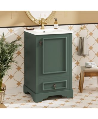 20" Solid Wood And MDF Soft-Close Door, U-Shaped Shelf, Drawer and Storage Rack Bathroom Vanity with Ceramic Sink