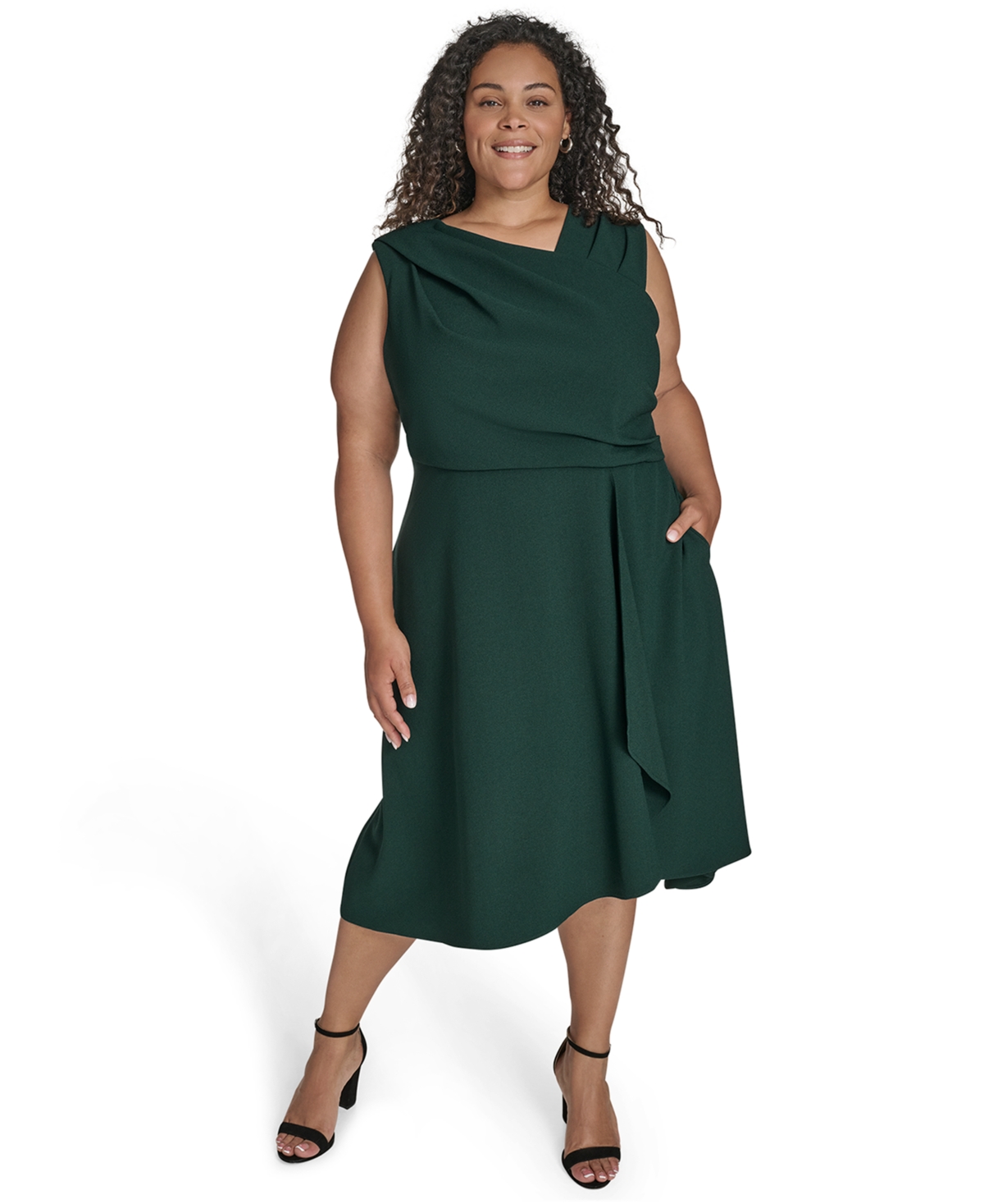 Vince Camuto Plus Size Asymmetric Neck Draped Midi Dress In Green