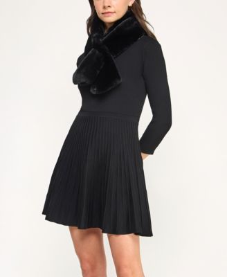 Juniors' 2-Piece Scoop Neck Faux Fur Scarf Fit & Flare Sweater Dress