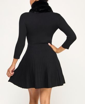 Juniors' 2-Piece Scoop Neck Faux Fur Scarf Fit & Flare Sweater Dress