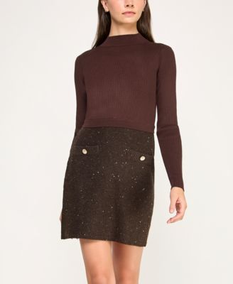 Juniors Sequin Textured Skirt Fitted Sweater Dress