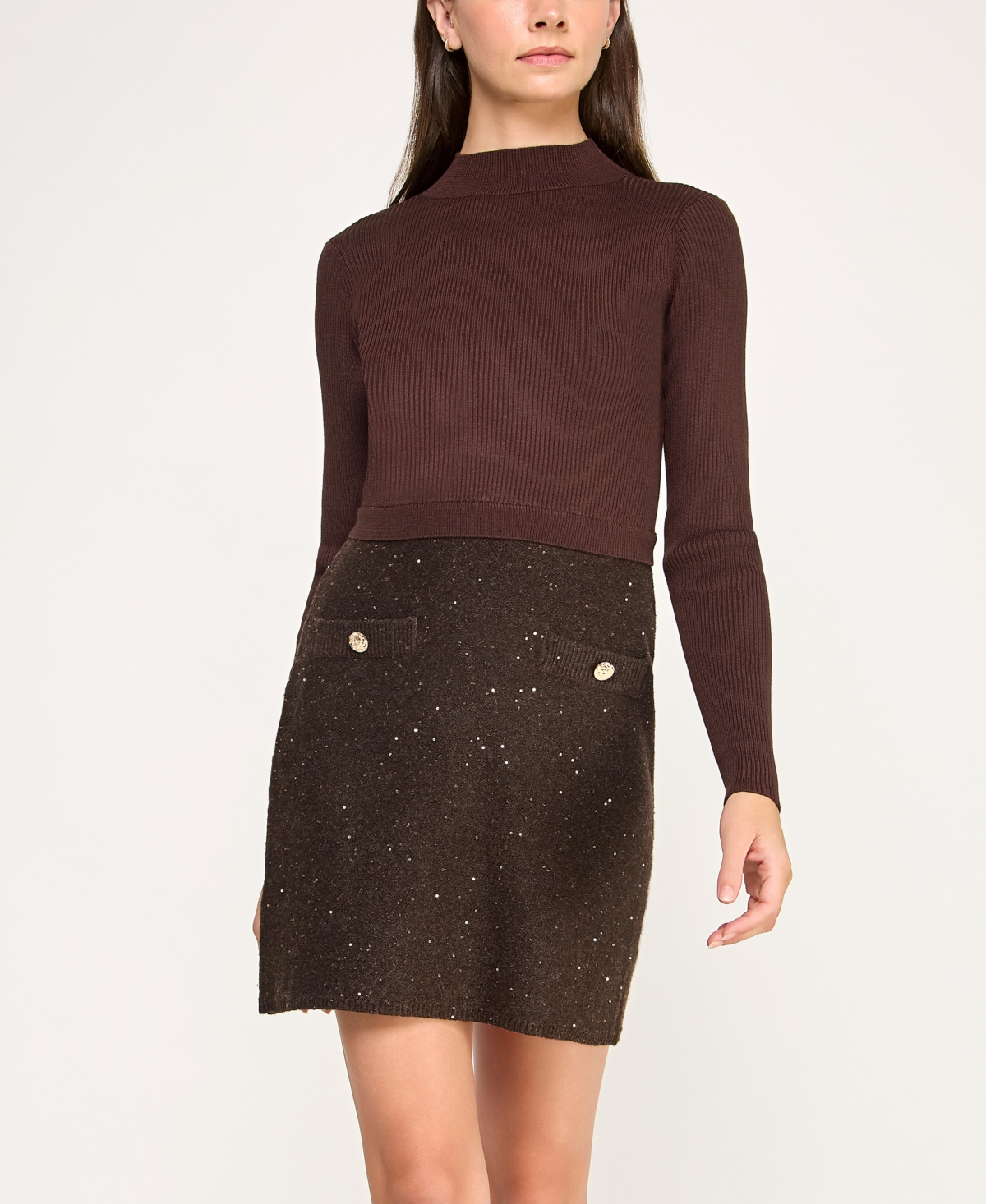 Invitee Juniors' Long-sleeve Sequin-skirt Sweater Dress In Brown