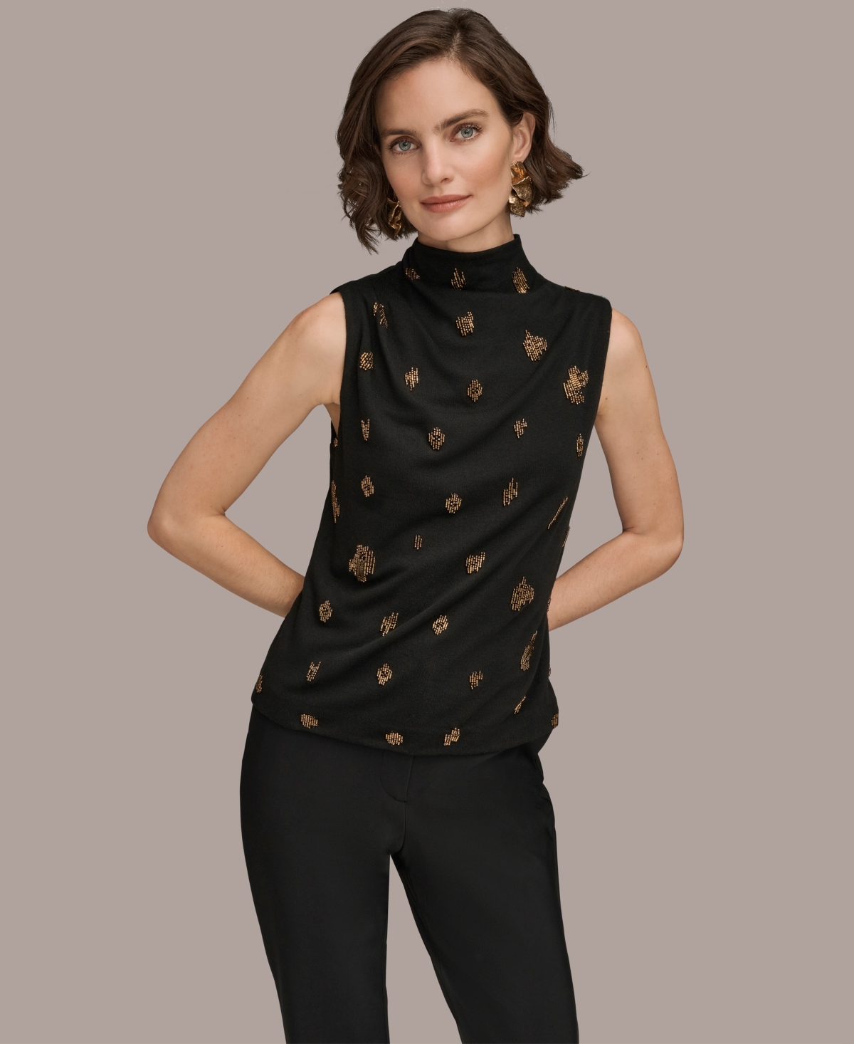 Donna Karan New York Women's Sleeveless Metallic Beaded Mock Neck Top