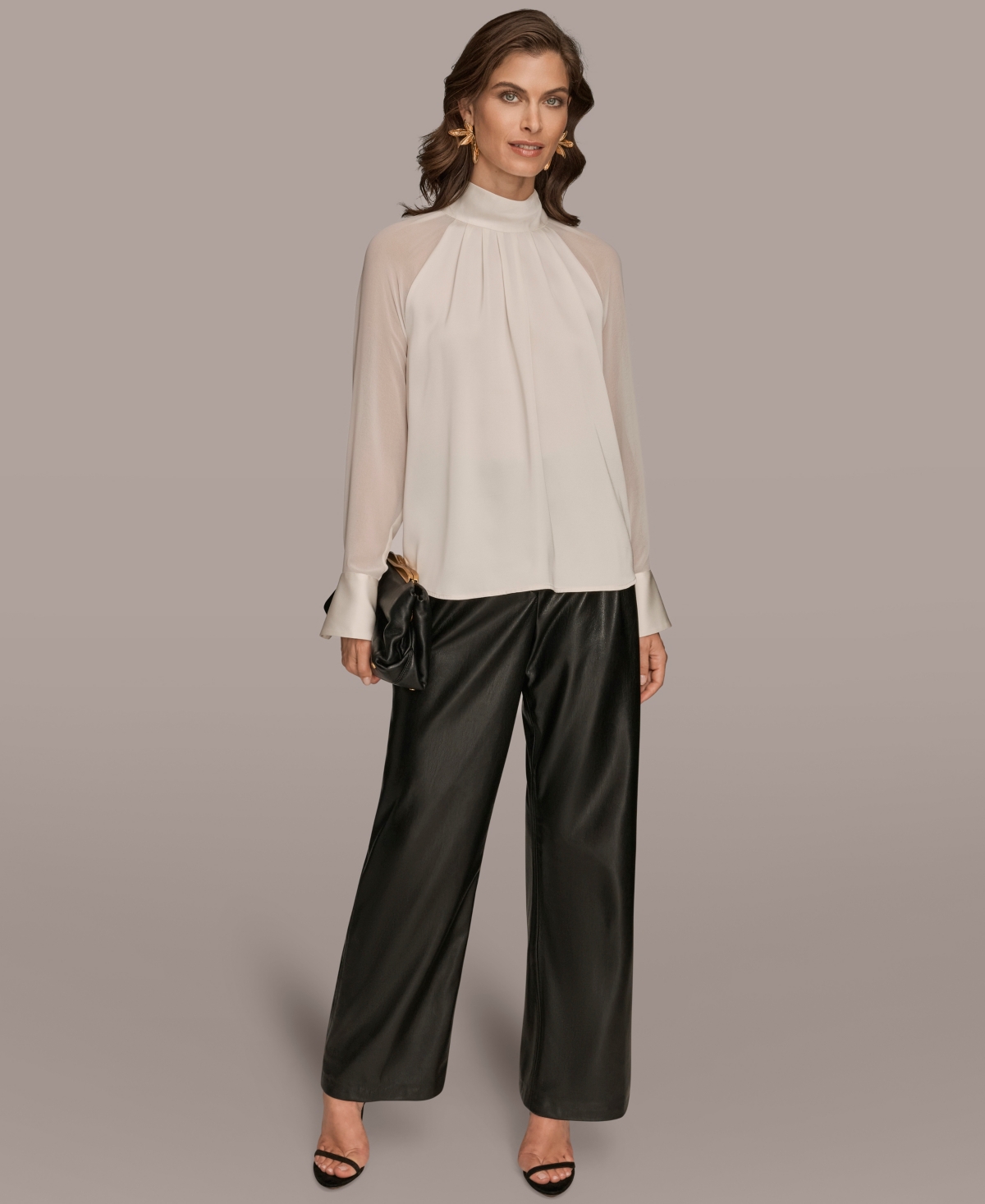 Donna Karan New York Pleated Sheer Sleeve Top In White