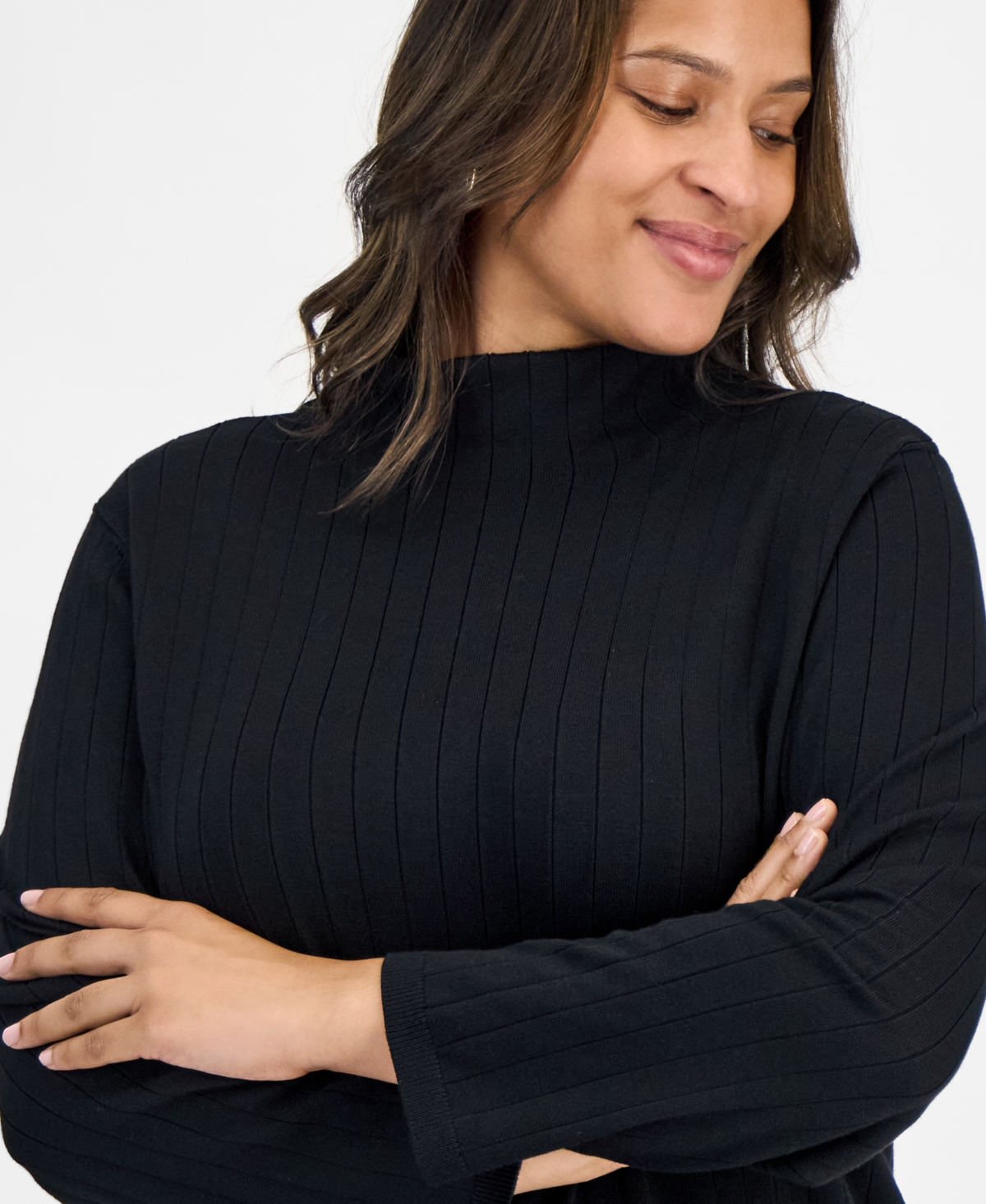 Jones New York Plus Size Wide Rib Funnel-neck Sweater In Black