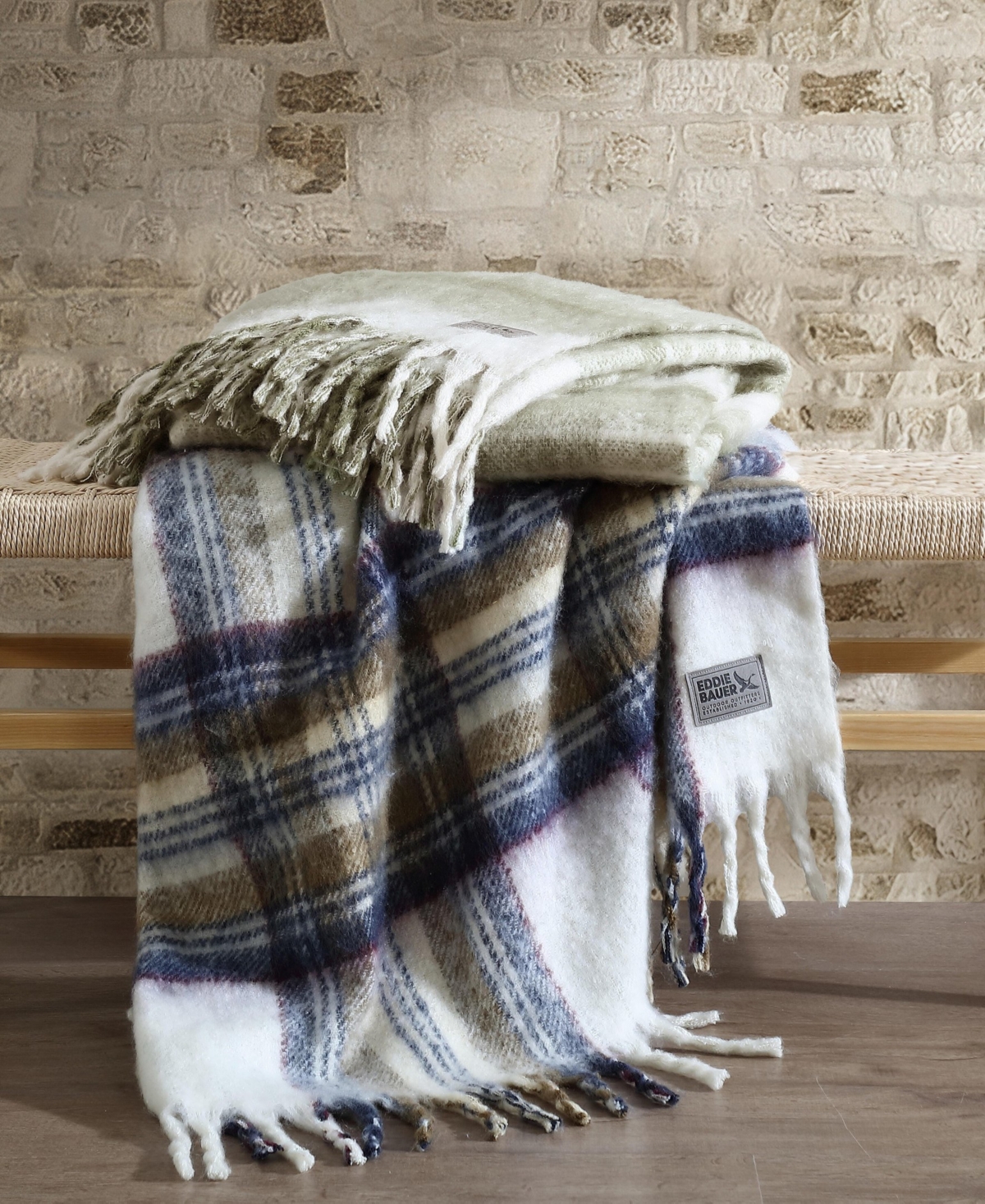 Eddie Bauer Plaid Faux Mohair Throw, 60" X 50" In Blue