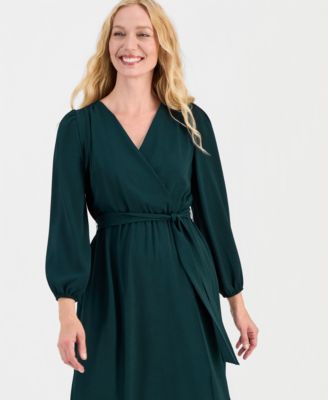 Women's Surplice-Neck Faux-Wrap Long-Sleeve Dress