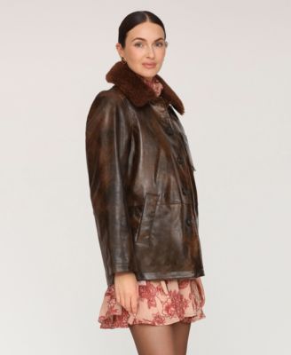 Women's Leather Contrast Collar Coat