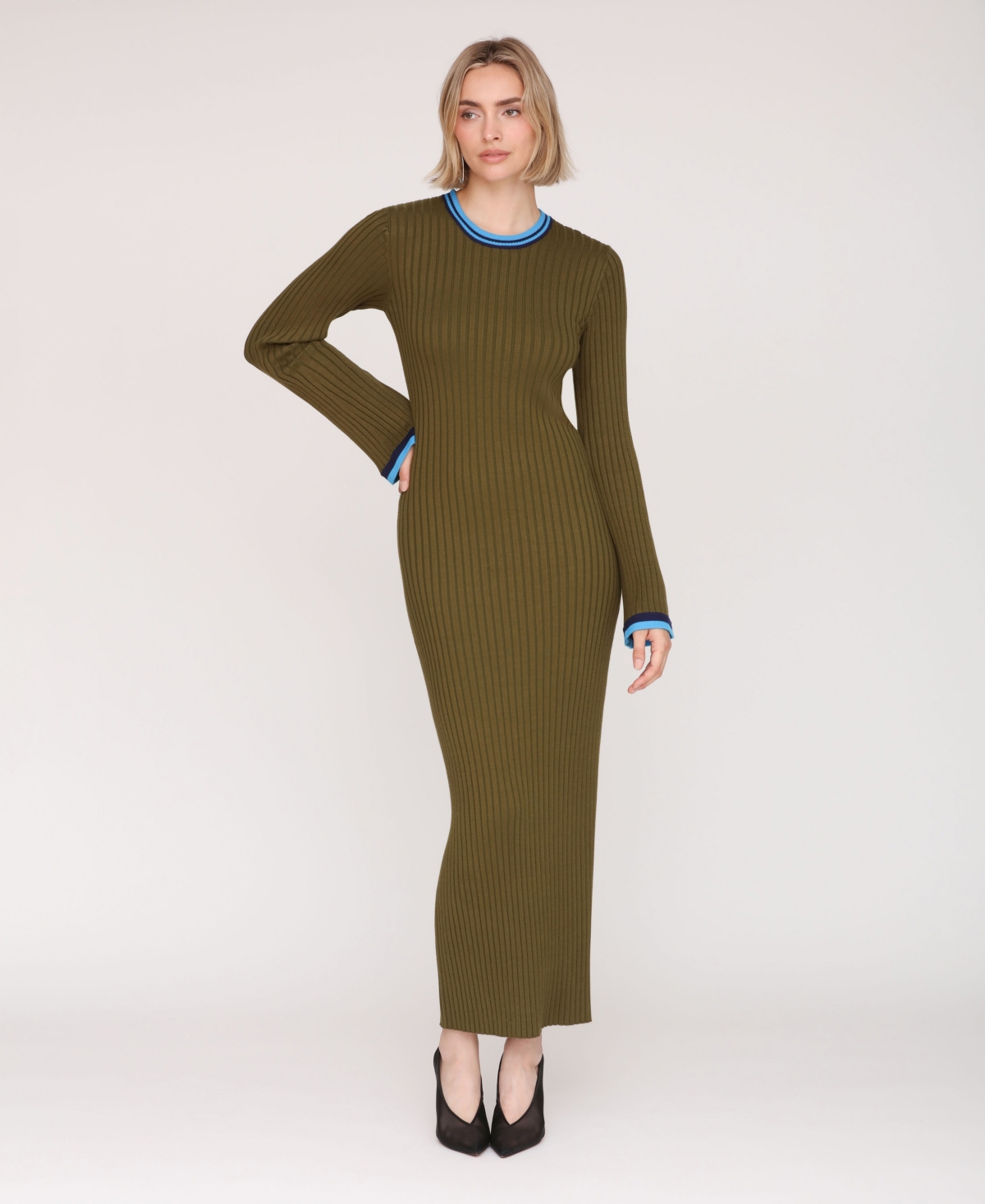Avec Les Filles Women's Long Sleeve Ribbed Neck Maxi Dress In Green