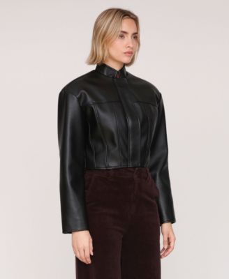 Faux Leather Women's Wide Shoulder Cropped Jacket