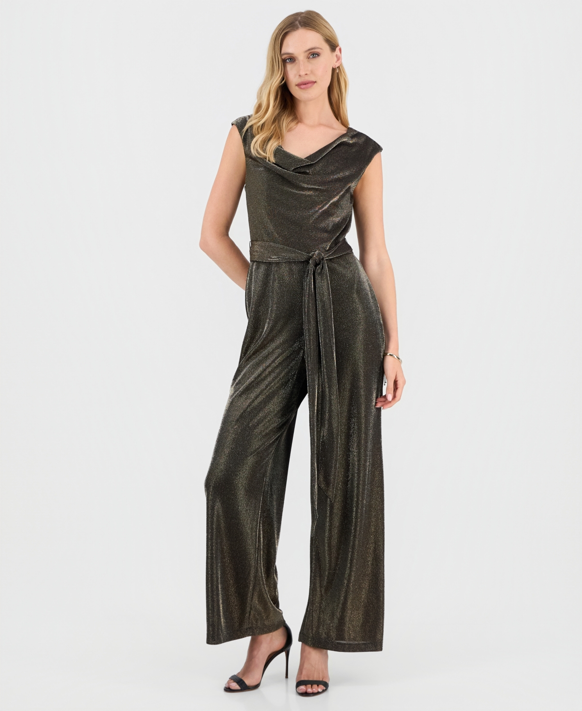 Connected Women's Metallic Cowl-neck Jumpsuit In Gold