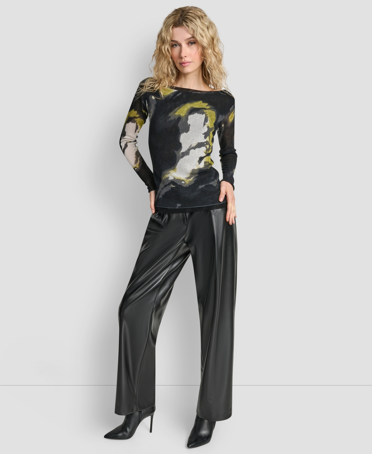 Dkny Abstract Print Double Layer Boat Neck Sweater In Black