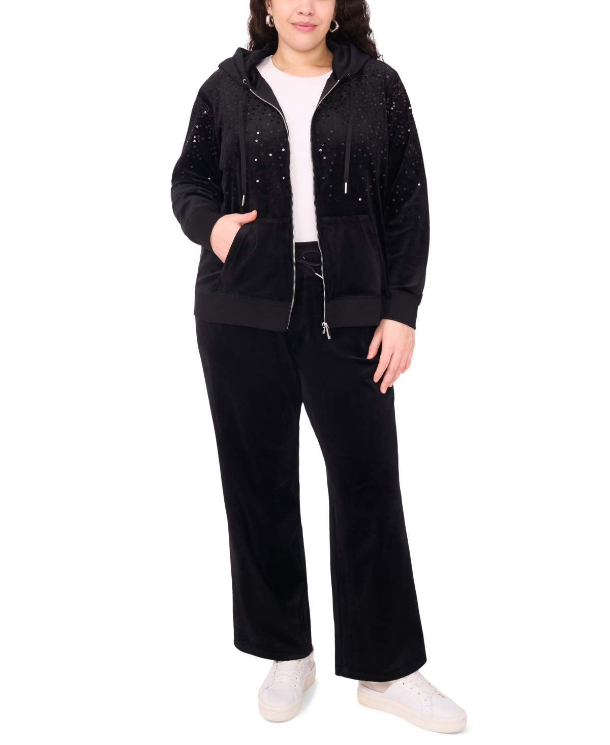 Vince Camuto Plus Size Velour Zip-front Hoodie Jacket In Black