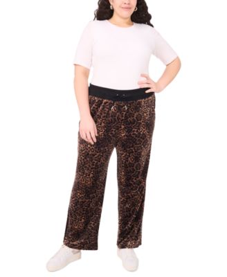 Plus Size Velour Animal-Print Drawstring-Waist Straight-Leg Pants