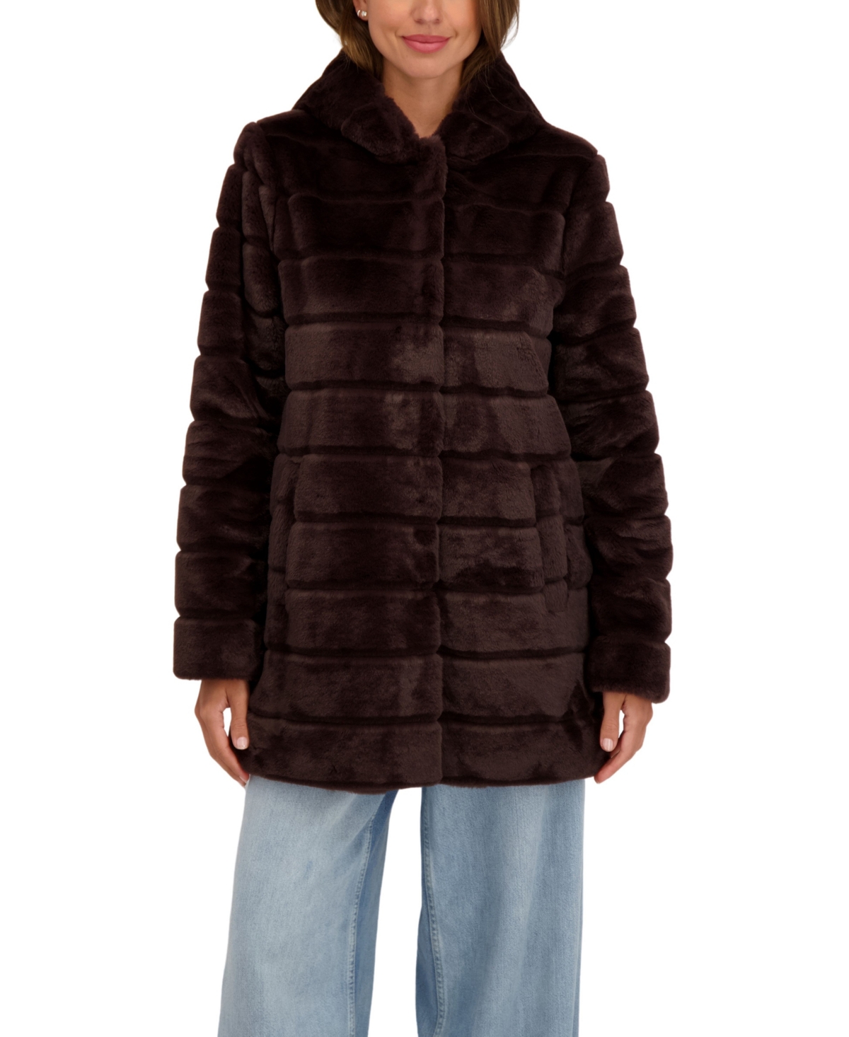 Sebby Collection Women's Hooded Grooved Faux Fur Coat - Brown