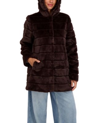 Women's Hooded Grooved Faux Fur Coat