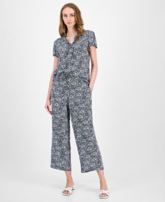 Women's Floral Lace-Up Short-Sleeve Blouse