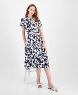 Women's Floral Belted Tiered Shirtdress