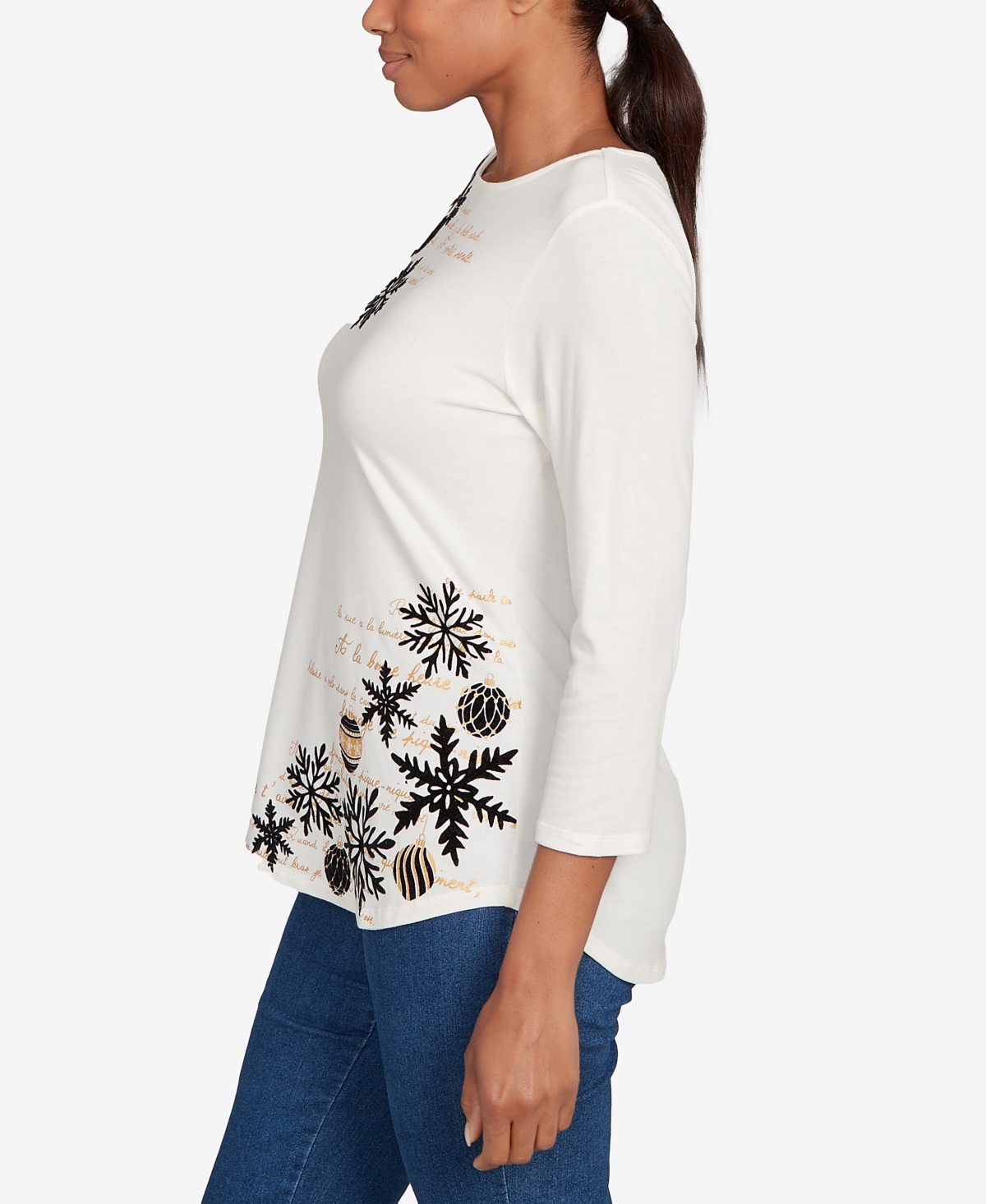 Ruby Rd. Petite Snowflake Script Knit Top In White