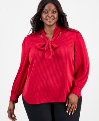 Kasper - Plus Size Satin Stripe Tie-Neck Long-Sleeve Top