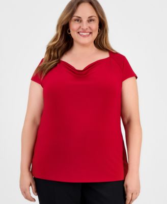 Kasper - Plus Size Cowlneck Cap-Sleeve Top
