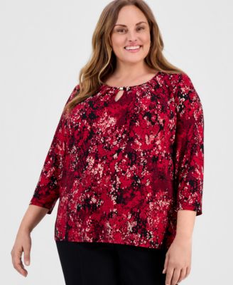 Kasper - Plus Size Printed 3/4-Sleeve Pleated-Neck Top