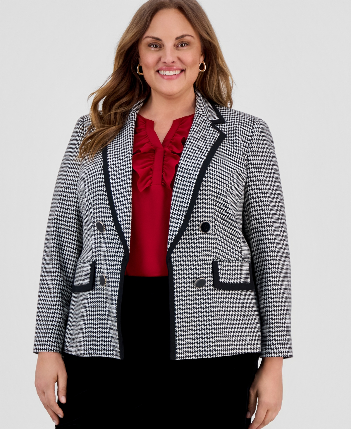 Kasper Plus Size Open Front Houndstooth Blazer In Black