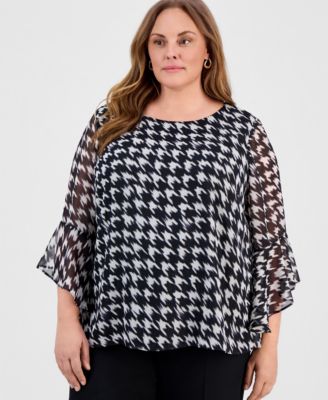 Kasper - Plus Size Houndstooth-Print Ruffle Sleeve Blouse