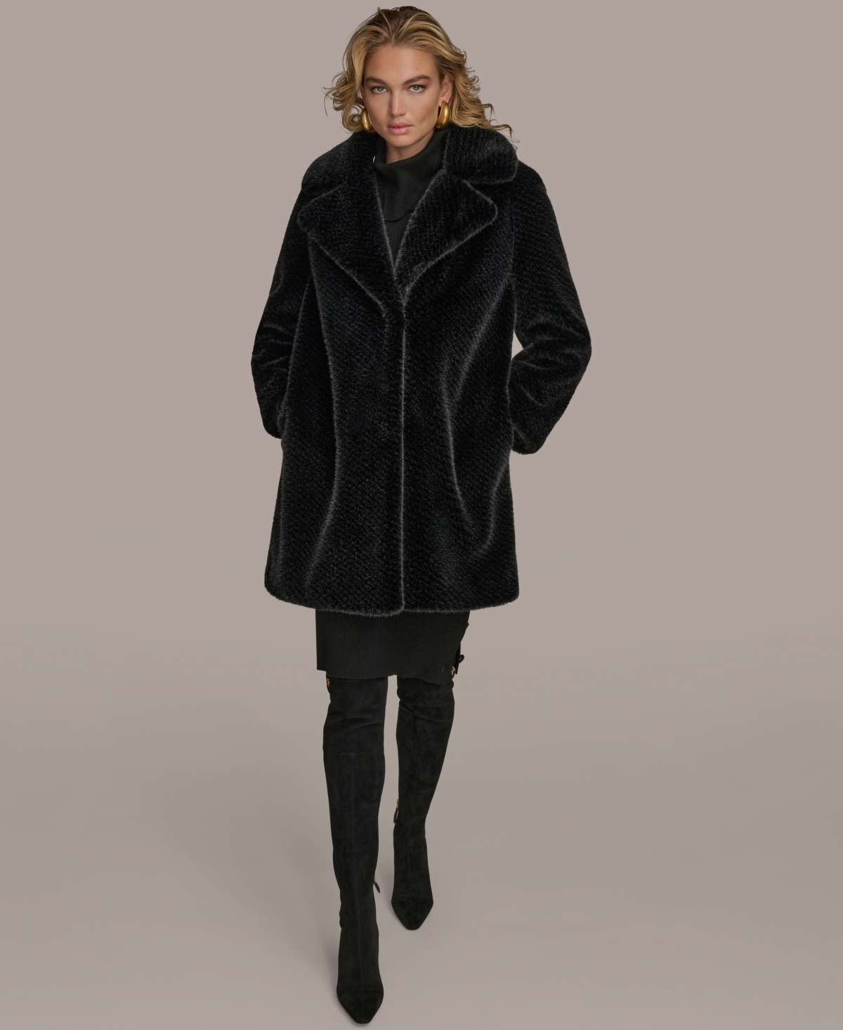 Donna Karan New York Women's Notched-Collar Faux-Fur Coat