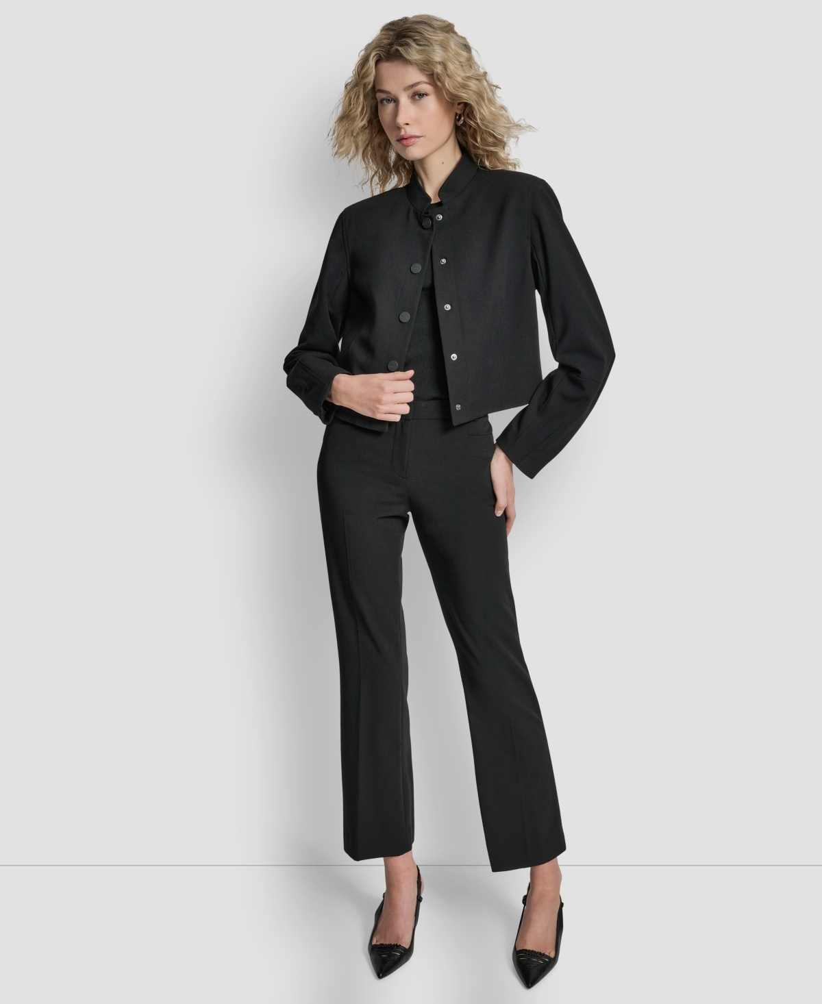Dkny Women's Mandarin Collar Button Front Cropped Jacket In Black