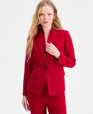 Kasper Womens Stretch Crepe One Button Jacket Tie Neck Sleeveless Top Straight Leg Pant In Red