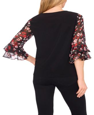 Women's Double Ruffle 3/4 Sleeve Mixed Media Top
