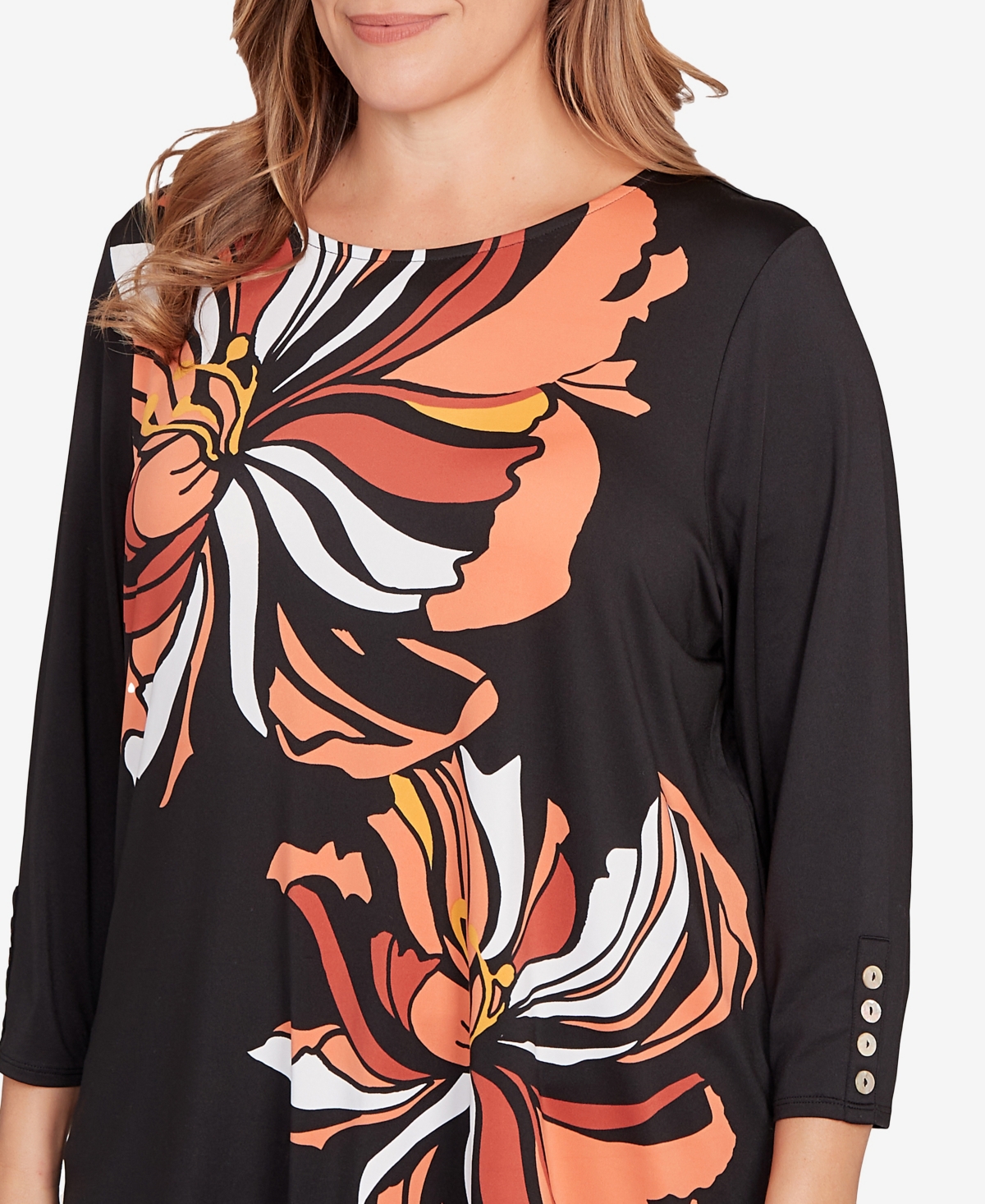 Ruby Rd. Plus Size Button Sleeve Bold Floral Top In Multi