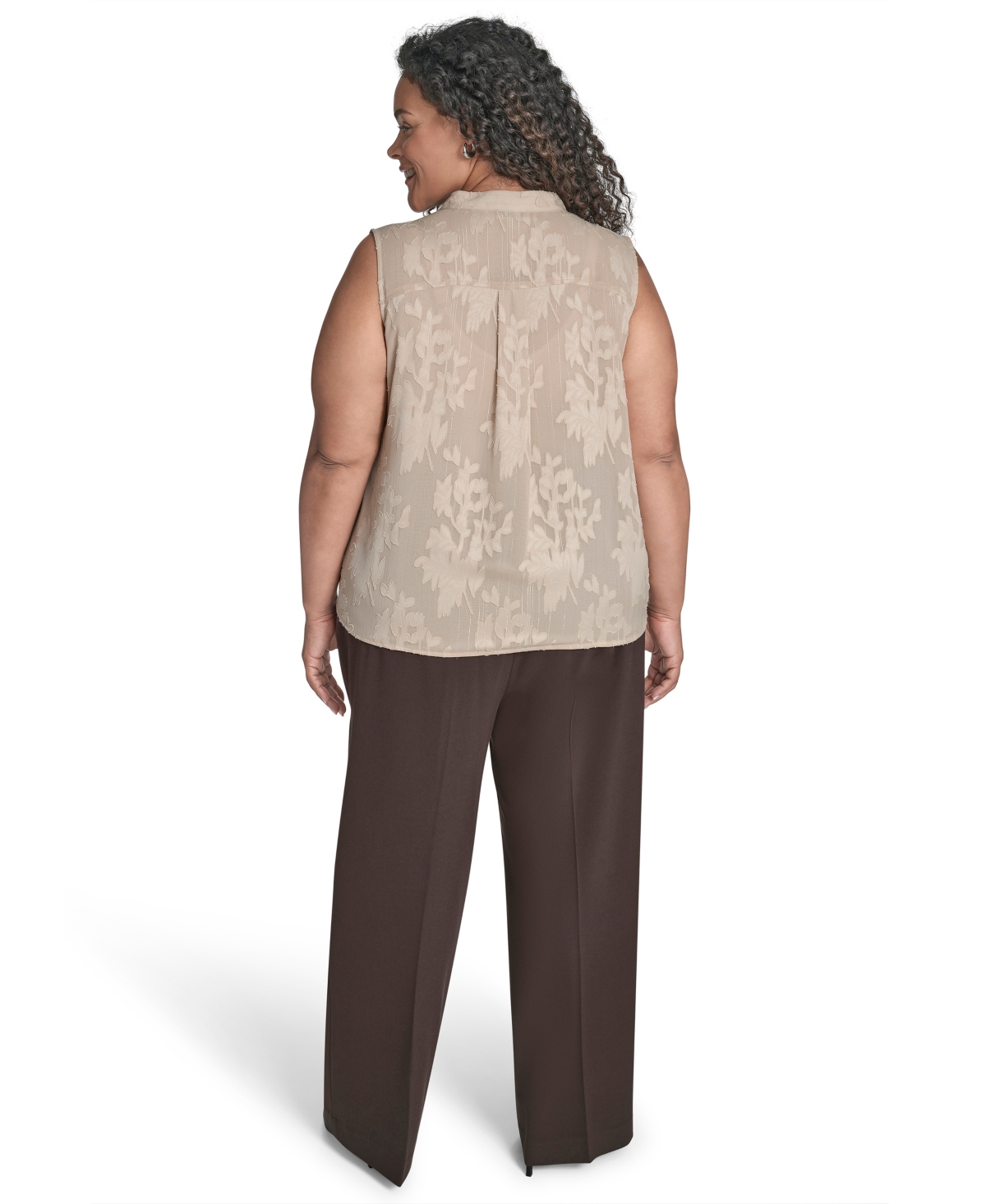 Calvin Klein Plus Size Printed Faux-wrap Sleeveless Blouse In Brown