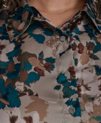 Plus Size Printed Charmeuse Long-Sleeve Blouse