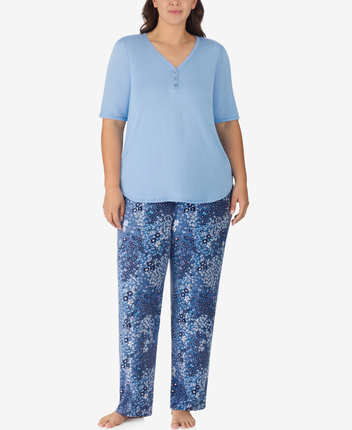 Ellen Tracy Plus Size 2-piece V-neck Top And Pants Pajama Set In Blue