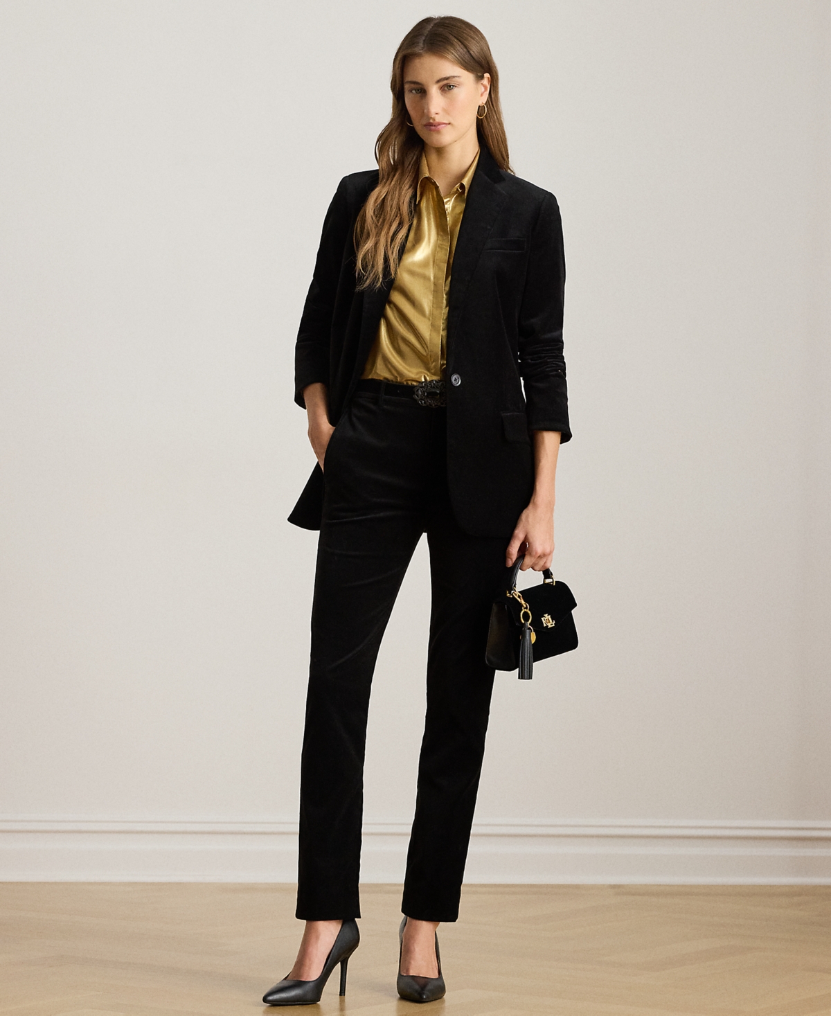 Ralph Lauren Petite Notched Lapel Long Sleeve Blazer In Black