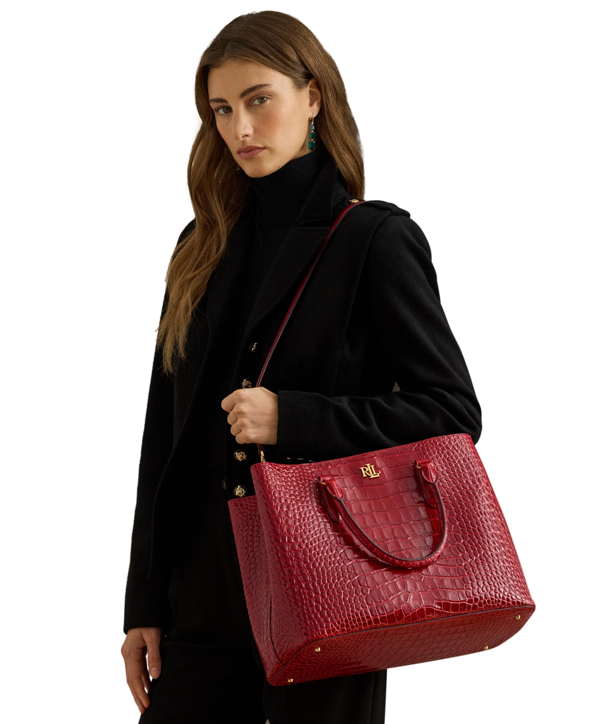 Ralph Lauren Marcy Large Embossed Leather Satchel Bag In Red