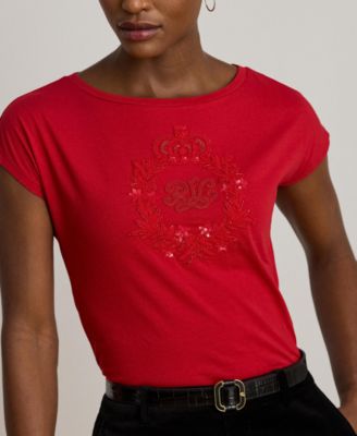 Women's Sequin Detail Boat Neck Jersey T-Shirt