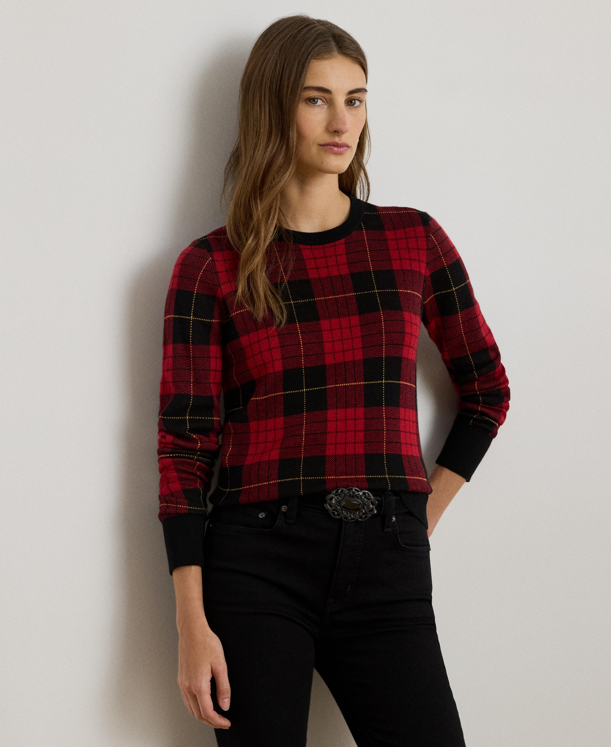 Ralph Lauren Plaid Cotton-blend Sweater In Red